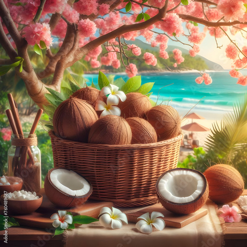 A basket of coconuts on a wooden table with a beach background