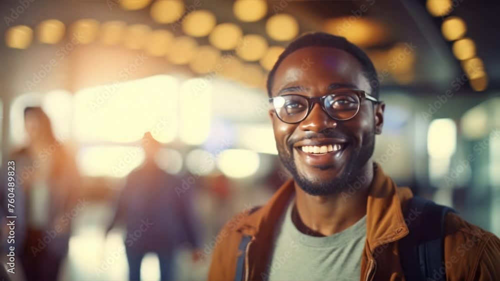 Smiling people in the city enjoying music,Handsome black man at the train station Smiling people in the city enjoying music,Handsome black man at the train station
