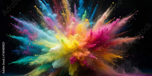 Explosion splash of colorful powder with freeze isolated on background, abstract splatter of colored dust powder. 