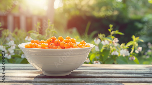 white cloudberry bowl on nature background photo