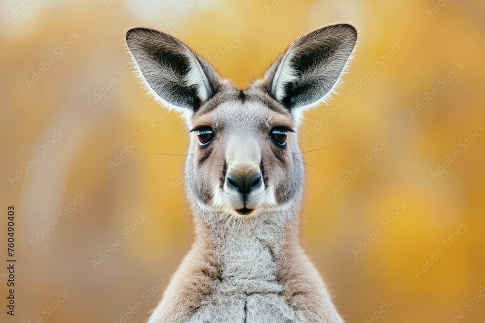 Closeup of a kangaroo in front of vibrant yellow trees in natural setting