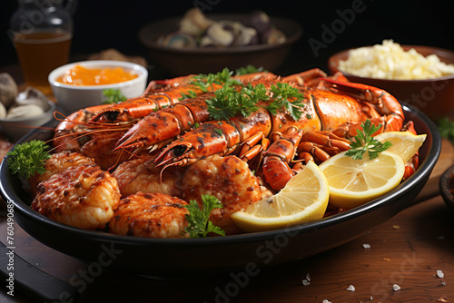 Closeup of the plate with delicious seafood dish on dark background.