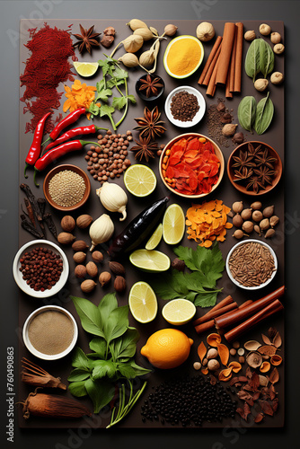 Spices and Flavors of the World: Exotic and aromatic spices. Flat lay, top view.