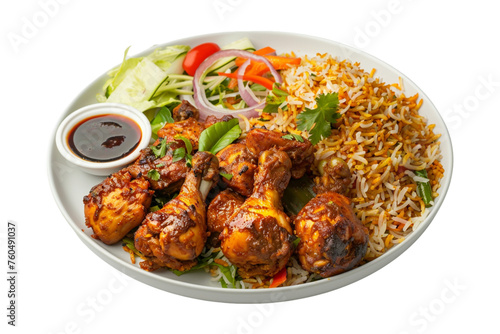 chicken polao in plate with salad on transparent background
