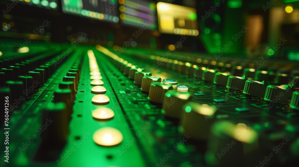 Sound mixer. Modern Music Record Studio Control Desk. Studio for recording music and sound in green colors. 
