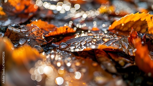 Nature s Artistry  Raindrops on Autumn Leaves  Crafting a Mosaic of Earthly Tones     