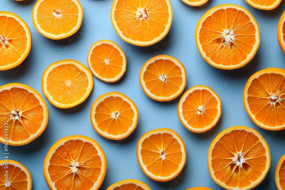 Freshly sliced oranges arranged in a geometric pattern on a vibrant blue background, top view, flat lay concept Freshly sliced oranges arranged in a geometric pattern on a vibrant blue background, top view, flat lay concept