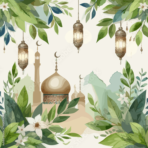 Ramadan greeting card background with green leaves photo