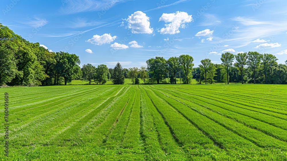 Tranquil and picturesque landscape view of a vast meadow under the expansive sky