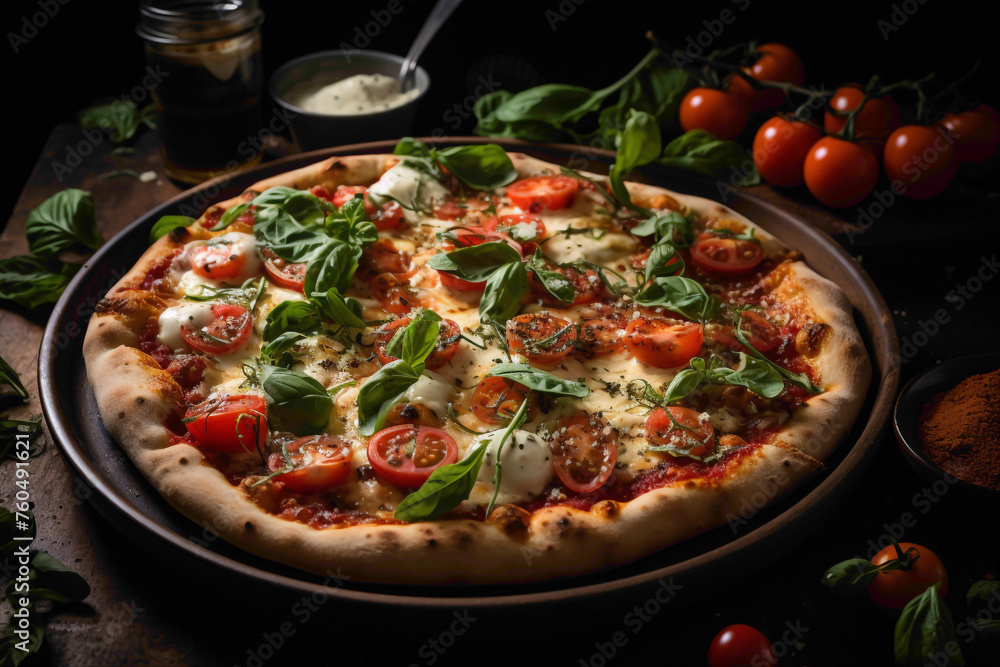 An overhead view of a gourmet margherita pizza, with bubbling cheese, ripe tomatoes, and fragrant basil on a crispy crust