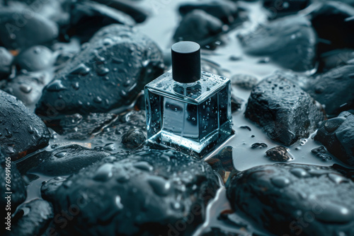 Modern glass men perfume bottle among black rocks in the rain, fragrance and perfumery