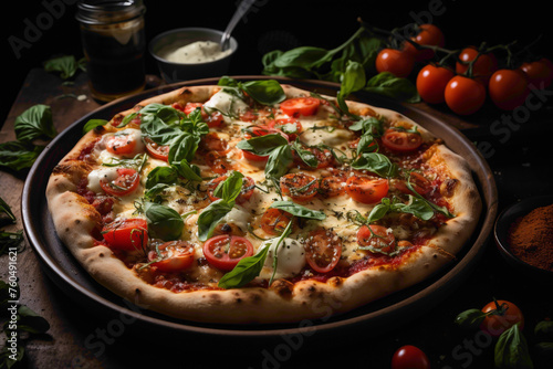 An overhead view of a gourmet margherita pizza, with bubbling cheese, ripe tomatoes, and fragrant basil on a crispy crust