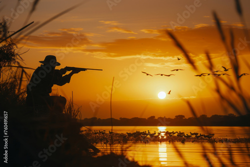 Silhouette of a man with a gun hunting with flying ducks sun set