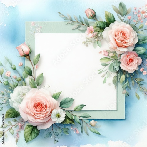 Blank wedding card template – Watercolor wedding invitation mockup with rose decorations © AlbertBS