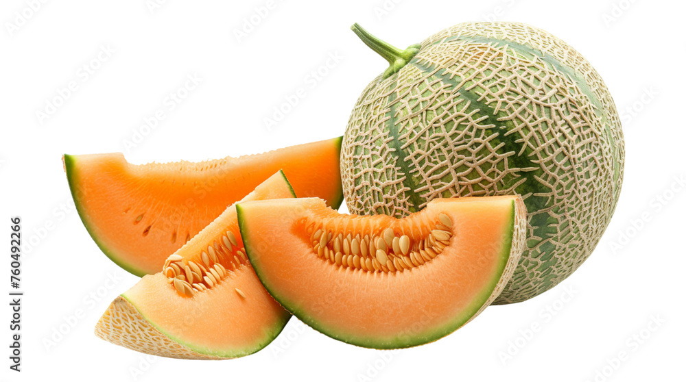 Green cantaloupe melon with cut slice on transparent background Green cantaloupe melon with cut slice on transparent background