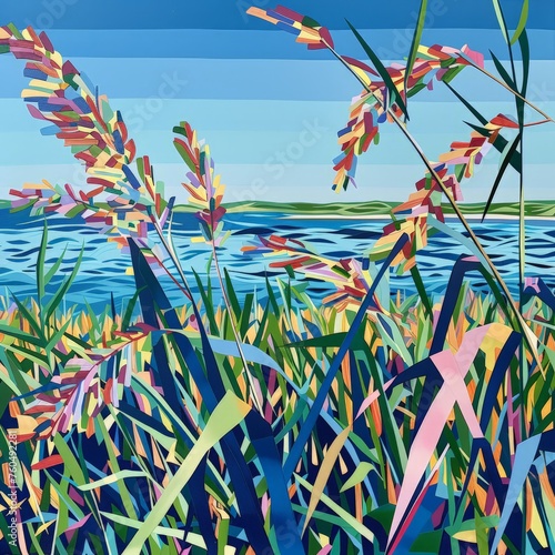 A painting depicting grass and water under a sunny sky