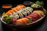 An overhead view of a mouthwatering platter of sushi rolls, showcasing a variety of fish, avocado, and pickled ginger