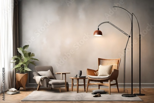 Modern living room interior with floor lamp and hanging armchair