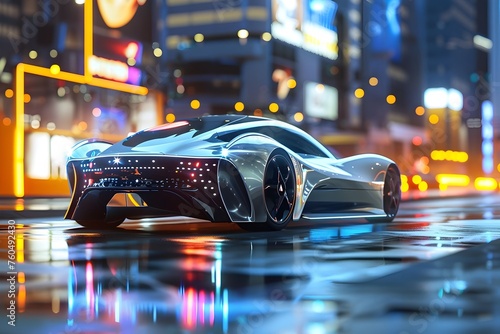 Futuristic Sports Car: Aerodynamic Design Showcased in Urban Night Cityscape