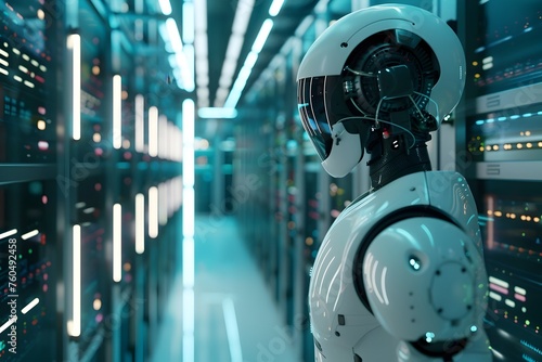 White Humanoid Robot Monitoring Data Center with Advanced Technology