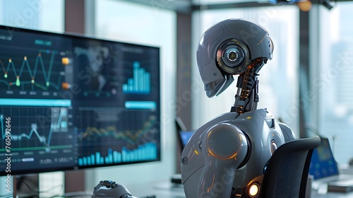 Artificial Intelligence Robot Collaborating on Market Analysis at Modern Office Desk