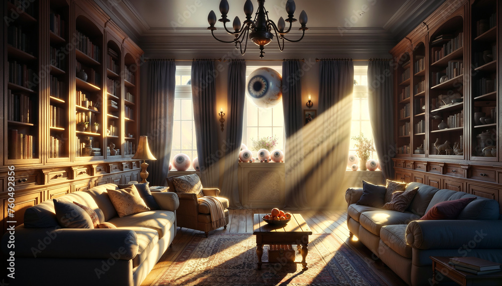 Illuminated Whimsy: A Classic Living Room with Surreal Floating Eyes