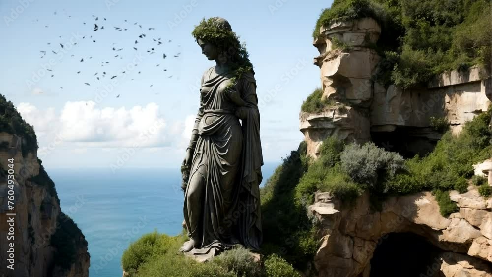 A scene of natural beauty, A statue of a woman on a cliff, silently watching the never-ending flow of the river. Seamless looping 4k time-lapse animation video background A scene of natural beauty, A statue of a woman on a cliff, silently watching the never-ending flow of the river. Seamless looping 4k time-lapse animation video background