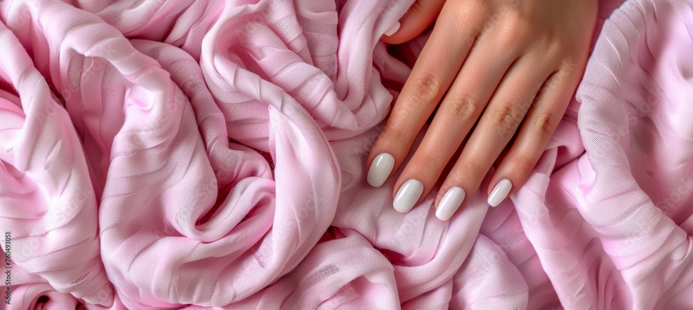 Fototapeta premium Chic close up of an elegant woman s hand adorned with stylish and sophisticated white nail polish