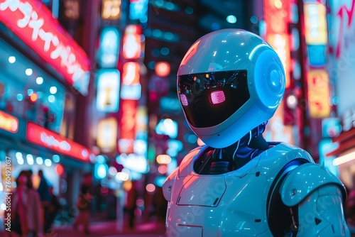 White Humanoid Robot in Futuristic Tokyo Nightscape Making a Video Call © Bavorndej