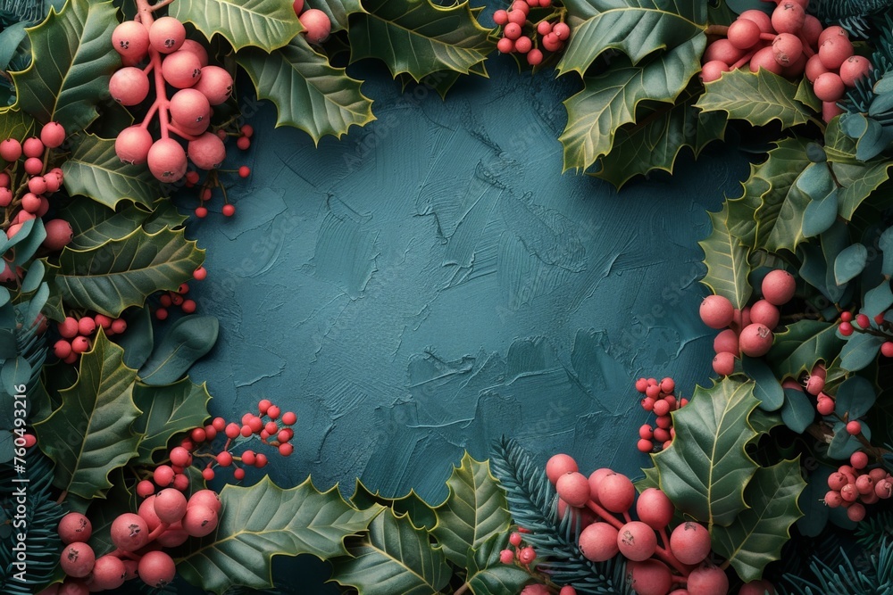 Festive Christmas wreath with holly leaves and berries on blue background 3D rendering