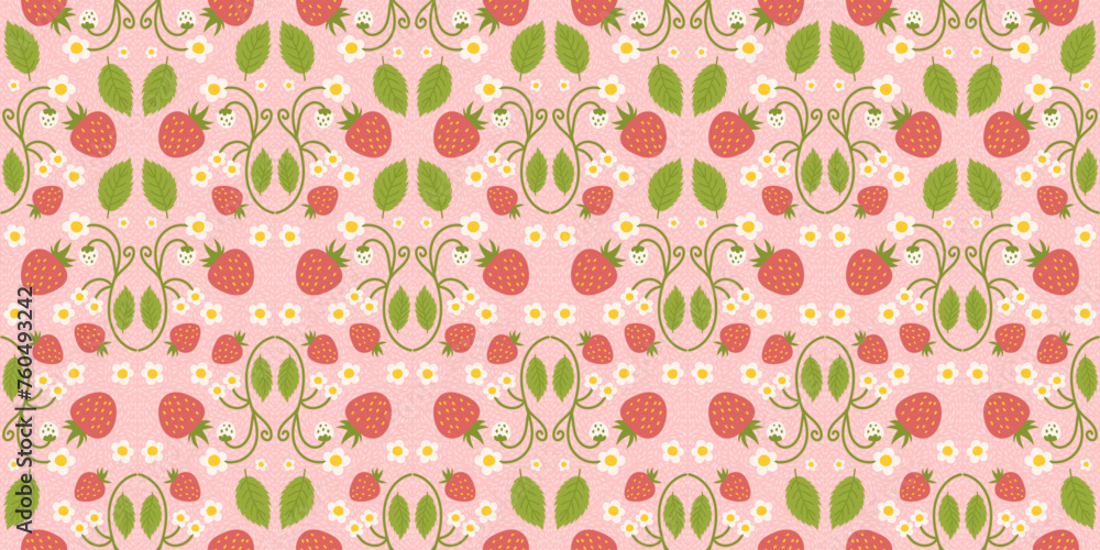 Strawberry-themed seamless pattern design featuring delightful berries, flowers, green leaves. Recurring surface design suitable for clothing, textiles, wrapping paper, and various applications