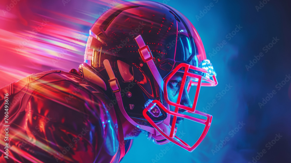 American football player in neon light. Collage of sport, motion, action, lifestyle, goals, achievements. 