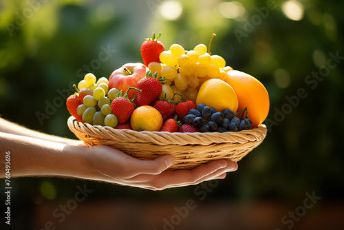 hands holding a fruits basket bokeh style background