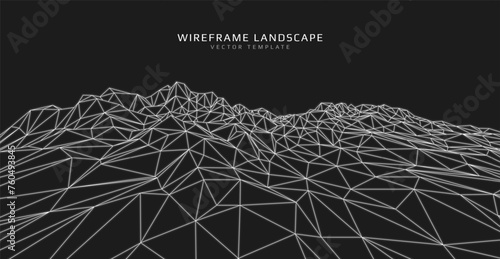 Wireframe landscape. Futuristic 3d mesh background. Digital polygonal hills technology. Vector illustration.