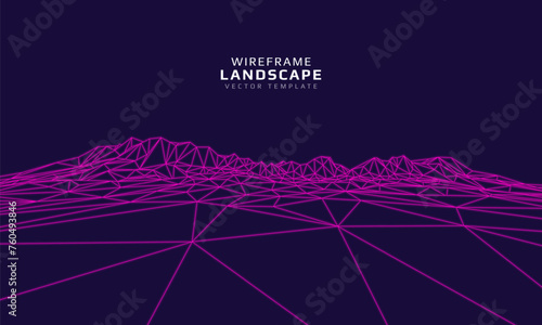 Wireframe landscape. Futuristic 3d mesh background. Digital polygonal hills technology. Vector illustration.