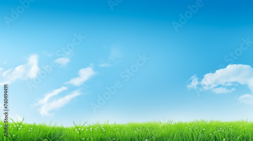 Green grass lawn with clouds on blue sky 