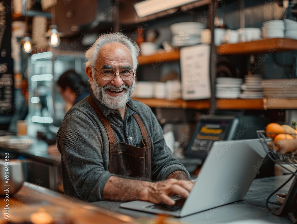 An elderly man exudes joy while using a laptop at a bustling café, showcasing active aging in modern society. An elderly man exudes joy while using a laptop at a bustling café, showcasing active aging in modern society.