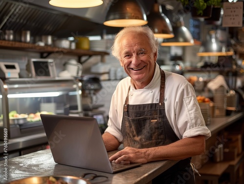 An elderly man exudes joy while using a laptop at a bustling café, showcasing active aging in modern society.