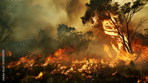 Intense flames engulf trees in a forest fire, with smoke billowing under a hazy sky, capturing nature's ferocity.