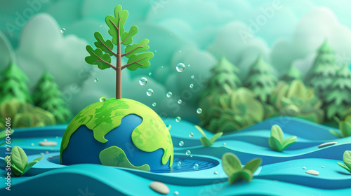 Illustration of plant seed growing on the Earth. Concept for earth day. Green background. Space for text.