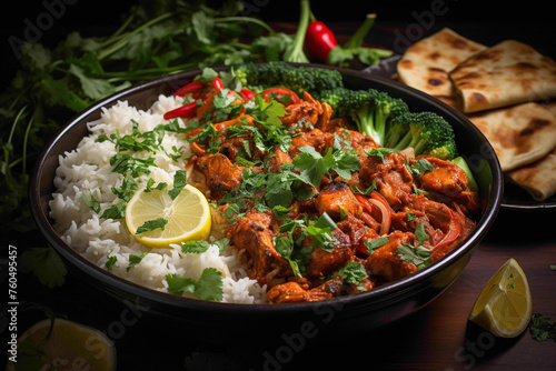 A top-down shot of a spicy chicken curry with a medley of aromatic spices, served over a bed of fluffy basmati rice