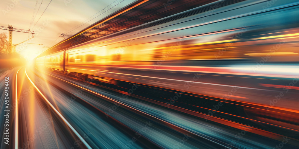 Speeding train at sunset with motion blurred effect, sunlight in the background rushing down the tracks Speeding train at sunset with motion blurred effect, sunlight in the background rushing down the tracks