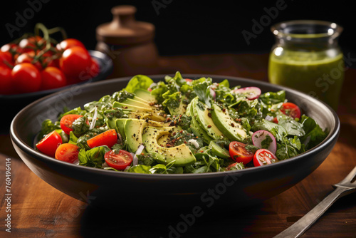 A vibrant salad bowl featuring crisp mixed greens, ripe cherry tomatoes, and creamy avocado, drizzled with zesty herb-infused dressing