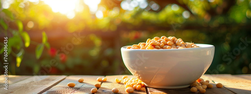 white bowl with beans on a wooden background photo