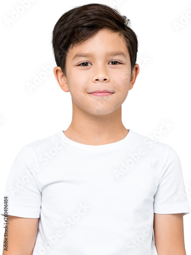 Cute smiling Asian mixed-race boy in plain white t-shirt PNG file no background