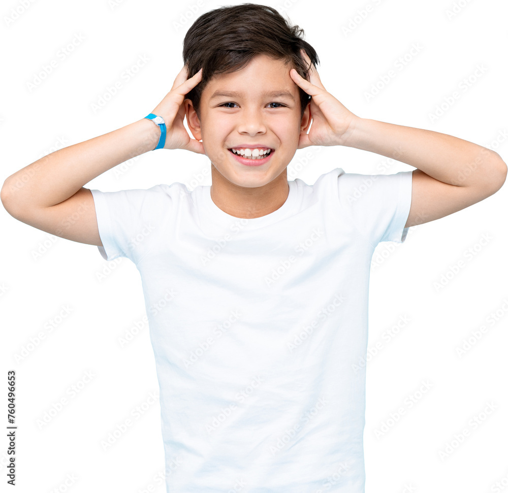 Cute boy in plain white t shirt smiling and touching head PNG file no background Cute boy in plain white t shirt smiling and touching head PNG file no background