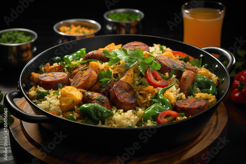 An overhead shot of a spicy jambalaya, packed with a medley of meats, aromatic spices, and a hearty serving of rice