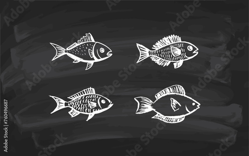 Fische Lineart auf Schwarzer Kreidetafel: Vektorgrafik Illustrationen