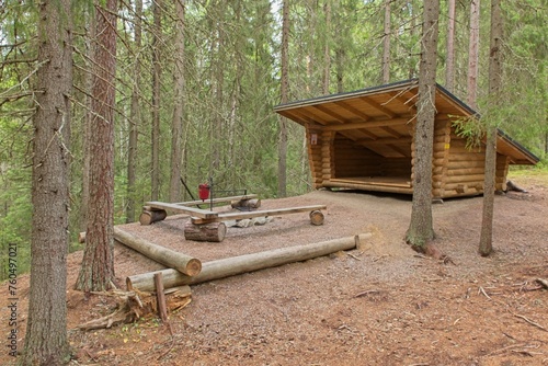 Shelter with fire place in summer forest, Katikankanjoni, Kauhajoki, Finland. photo