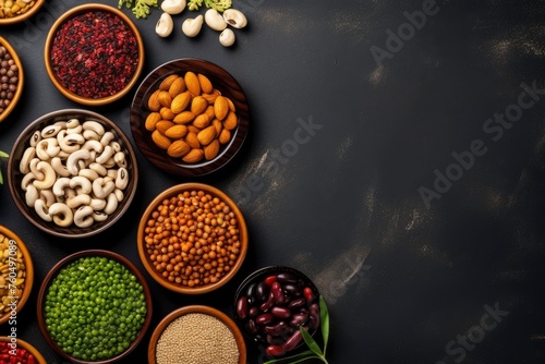 top view of vary kind of nuts and beans with copy space for text. food background for stock photography - generative ai